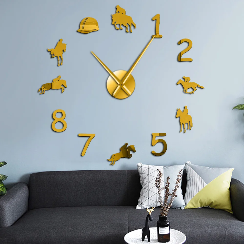 Конный ковбой DIY большое количество настенные часы Современная Верховая езда бескаркасные настенные часы гигантские 3D зеркальные настенные наклейки всадник подарок