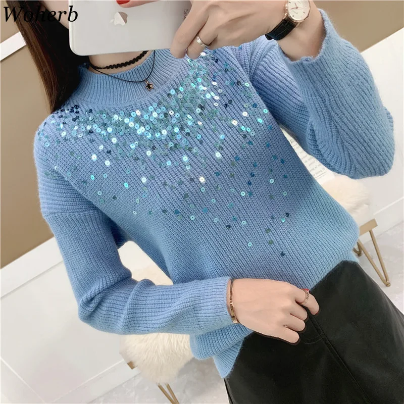 

Woherb Women Sequined Sweater and Pullovers Long Sleeve Korean Fashion Knit Sweaters Loose Spliced Jumper Sueter Mujer Pull