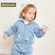 Balabala/Детская куртка с капюшоном на подкладке из искусственного меха для маленьких мальчиков и девочек толстовка на молнии+ штаны без застежки, комплект одежды для новорожденных, зимний комплект