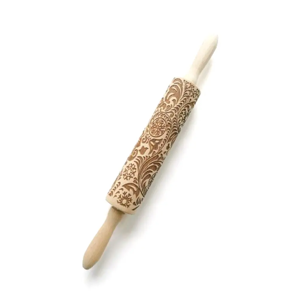 Christmas Flower Snowflake Pattern Rolling Pin Flower Embossed Wooden Rolling Pin Laser Engraving Flower Print