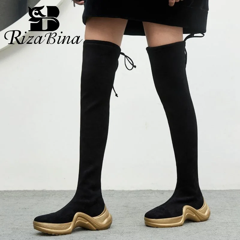 

RIZABINA 2020 Winter Warm High Quality Over Knee Boots Thick Bottom Simple Black Boots Comfortable Brand Shoes Woman Size 34-40
