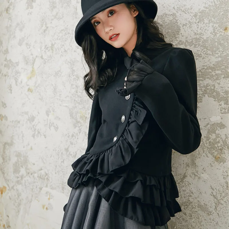 HG черное винтажное короткое пальто для женщин с воротником стойкой однобортное