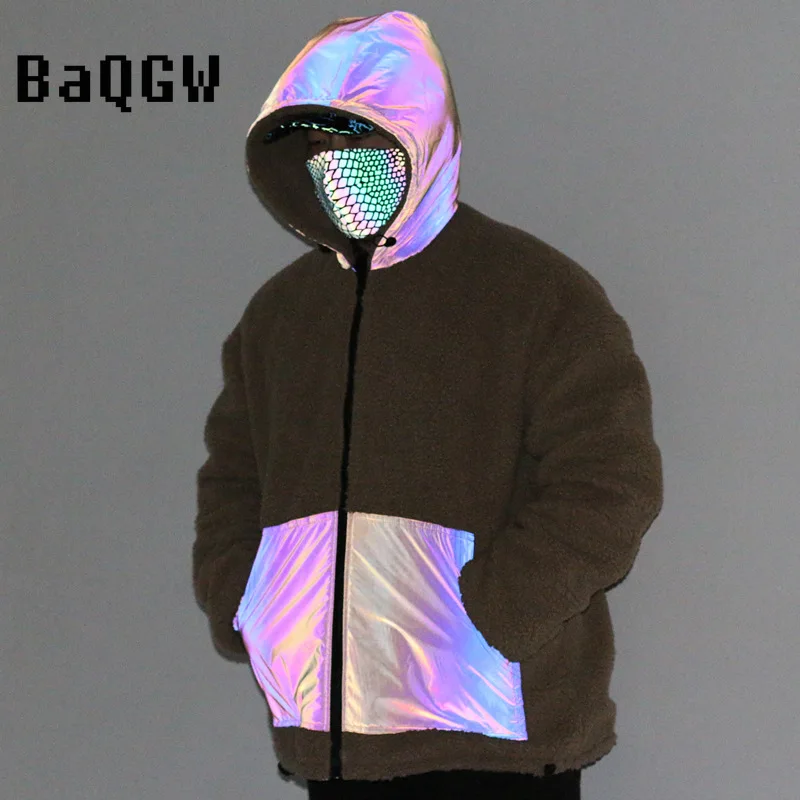 

Mens Lamb Wool Coat Two-Sided Dazzle Color Reflection Patchwork Long Sleeve Pocket Zipper Hooded Winter Male Fashion Warm Jacket