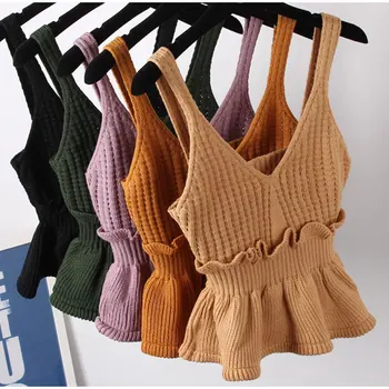 

2020 Summer Women's Knitted Ribbed Ruffled Crop Tops V-neck Camis Sleeveless Backless Tunic Female Tank Top Sexy Camisole Women
