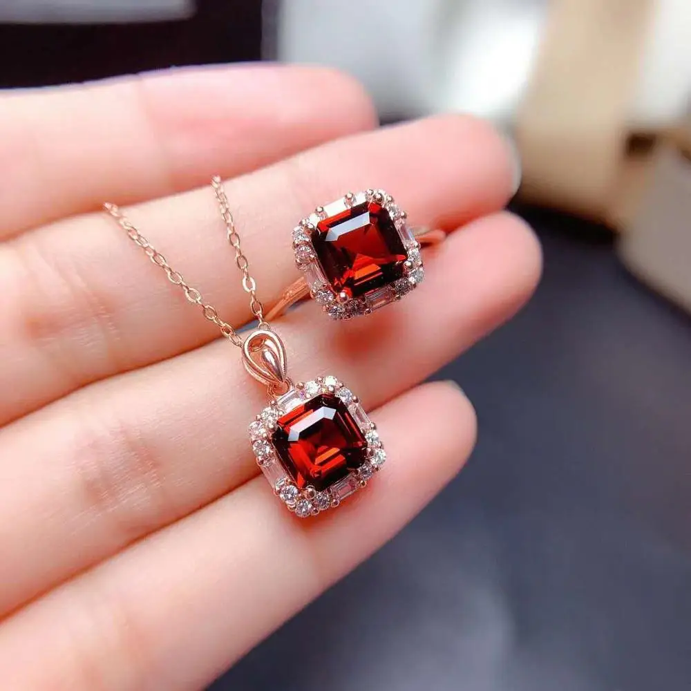 

FS S925 Sterling Silver Inlay Natural Garnet Pendant Ring Set With Certificate Fine Charm Wedding Jewelry for Women MeiBaPJ