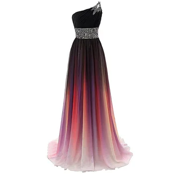 

Crystals One Shoulder Large Size Lace Up Evening Dress Gradient Long Chiffon Dress For Women Engagement Wedding Party Maxi Dress