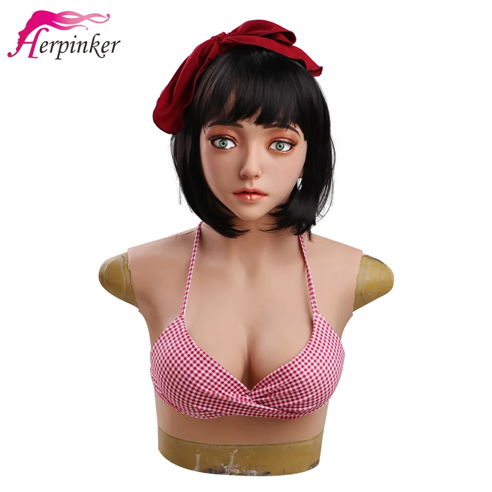 

Full Head Female Mask With Chest Breast Form E cup Christine for Crossdressers Shemale Cosplay Drag Queen Transgender Halloween