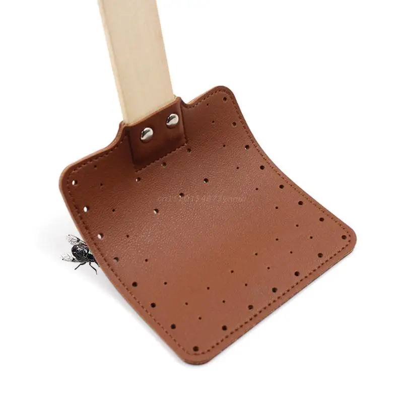 Leather Fly Swatter Heavy Duty Insect Mosquito Control Rustic Design Long Wooden Handle