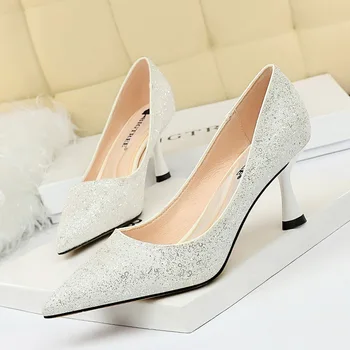 

European and American style fashion metal with high heel shallow mouth pointed sparkle sequins sexy nightclub single shoes high