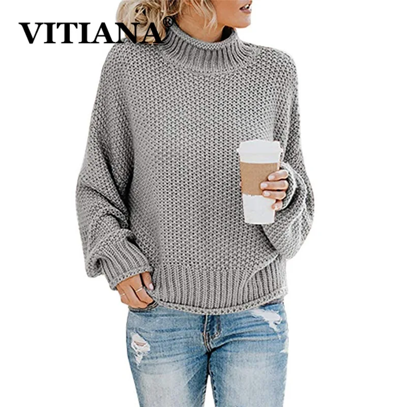 VITIANA 2019 Autumn Winter Casual Knit Sweater Women Long Sleeve Turtleneck Pullovers Loose Solid Coat Fashion Sweaters Clothes