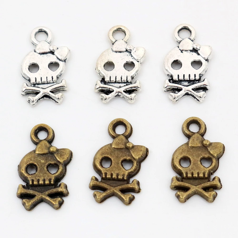 

16x9mm 40 Uds. Chapado en plata antigua y bronce Linda cabeza de calavera abalorios hechos a mano colgante: DIY para collar de pulsera-