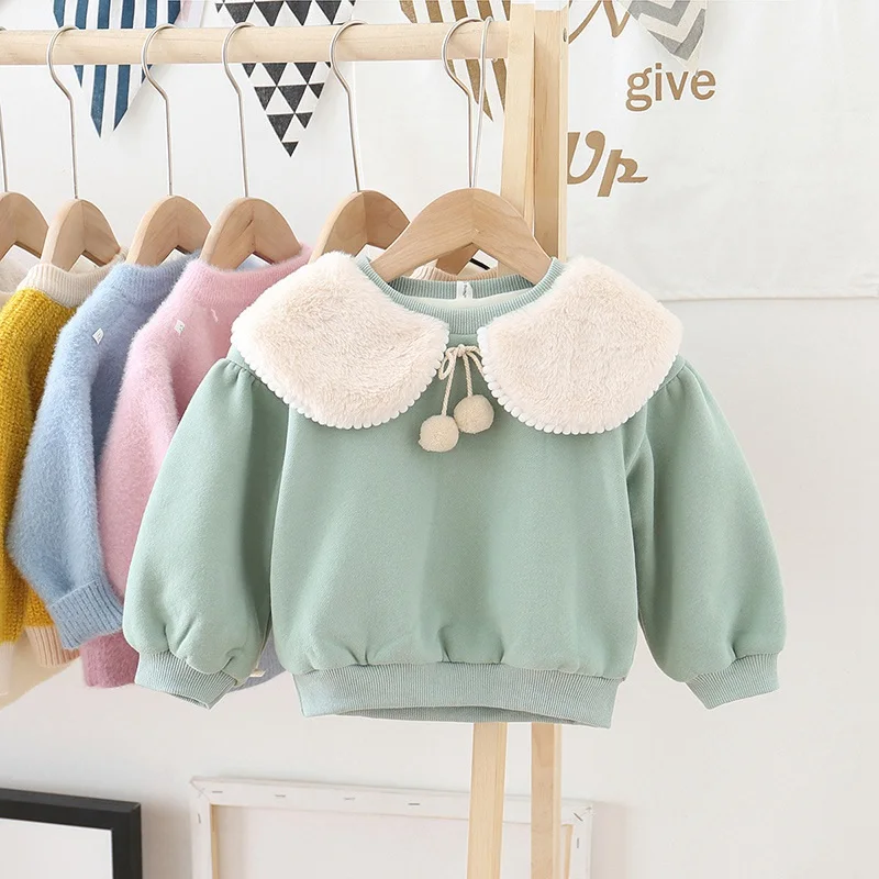 Fashion Warm Winter Kids Girls Sweatshirt Chidlren Baby Infants Velvet Pullover Long Sleeve Thicken Sweatshirts Tops S10028