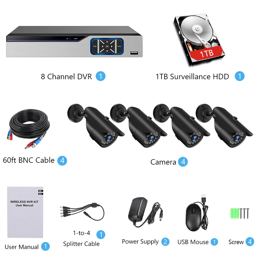 CVI TVI HVR AHD 5-в-1 DVR 8CH CCTV Регистраторы+ 4 шт. видео, для наблюдения, безопасности, Камера наружного видеонаблюдения Системы комплект