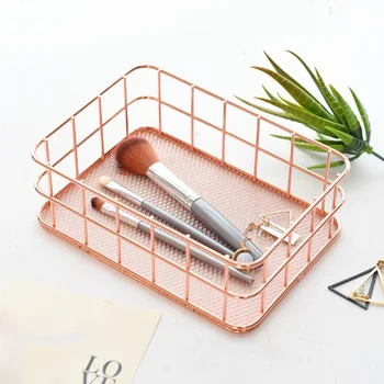 

Rose Gold Metal Wire Storage Basket Nordic Cosmetic Organizer Home Office Desk Stand Bathroom Collection Bathroom Shelf