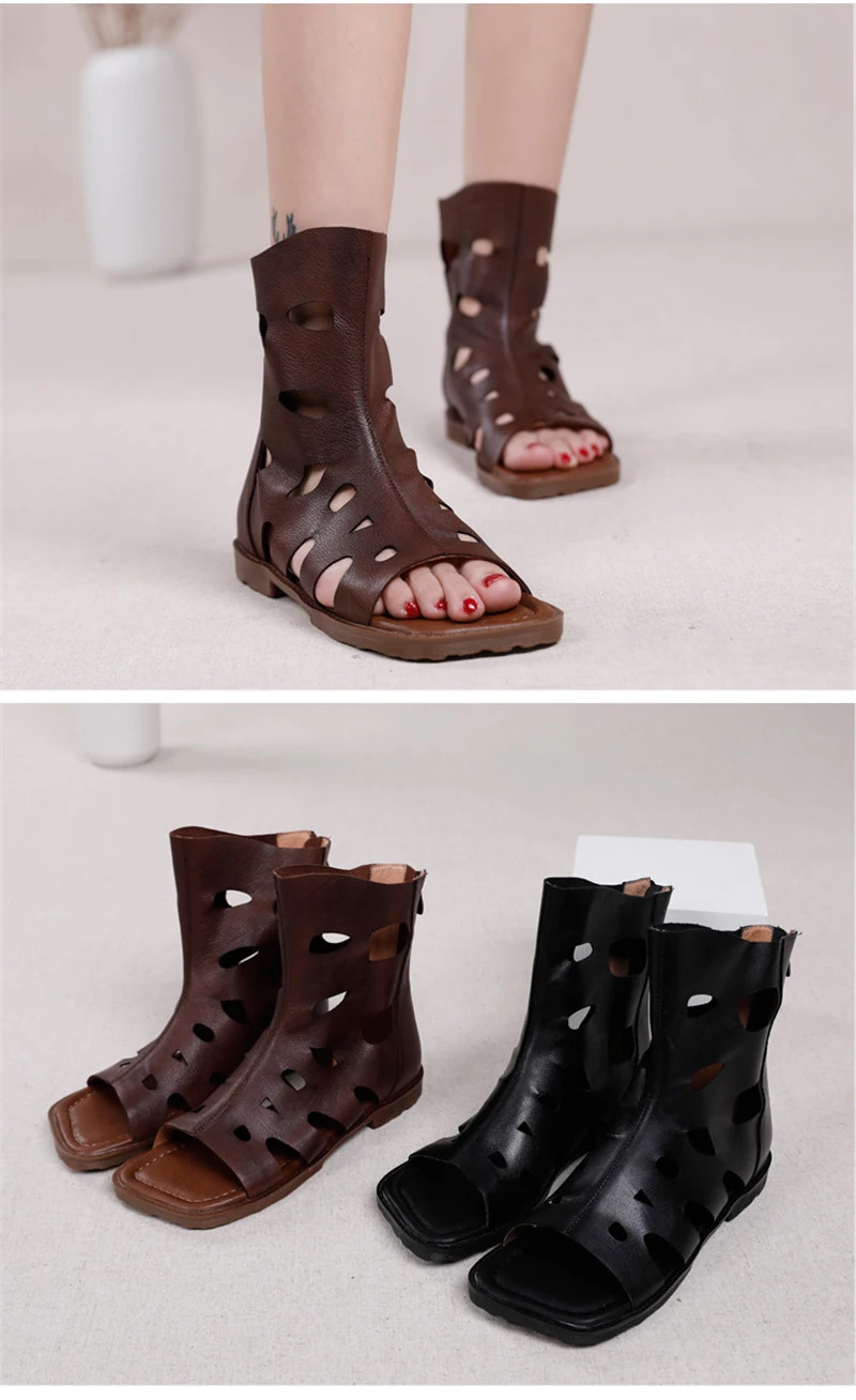 Original 2020 Summer New Women's Sandals Genuine Leather Fashion Retro Flats Bottom Hollow Hole Ladies Gladiator Sandals Shoes (14)