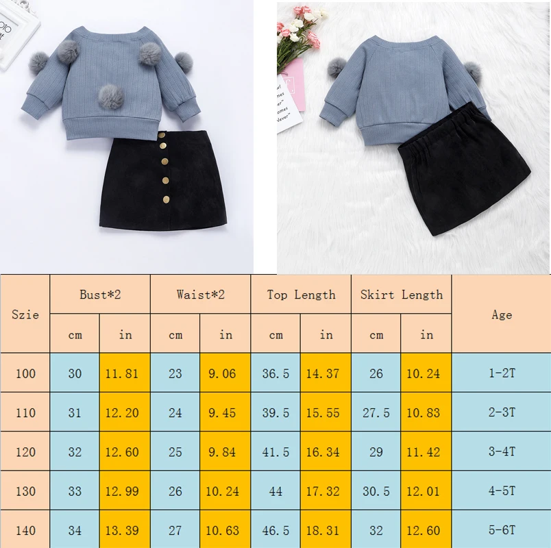 Emmababy-осенние комплекты одежды для маленьких девочек вязаный свитер с длинными рукавами и помпонами+ мини-юбка на пуговицах теплые комплекты одежды