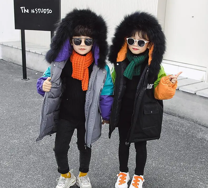Детская куртка зимняя новая версия, теплое хлопковое пальто с воротником из натурального меха и надписью рубашка с капюшоном для сестры