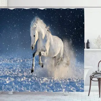 

Shower Curtain Set with Hooks 60x72 Mammal Purebred Field White Stallion Power Colorful Horse Grey Run Gallop Gray Speed Winter