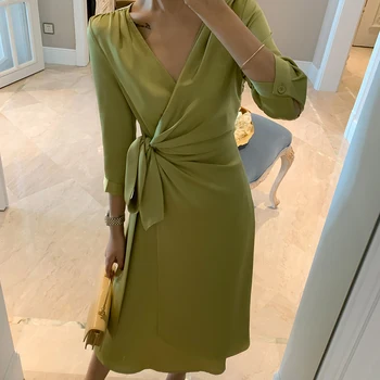 

2020 Vintage Solid Stain Dress Casual Women Long Sleeve Lace up Dresses Female V neck Party Elegant Ladies Autumn Dresses