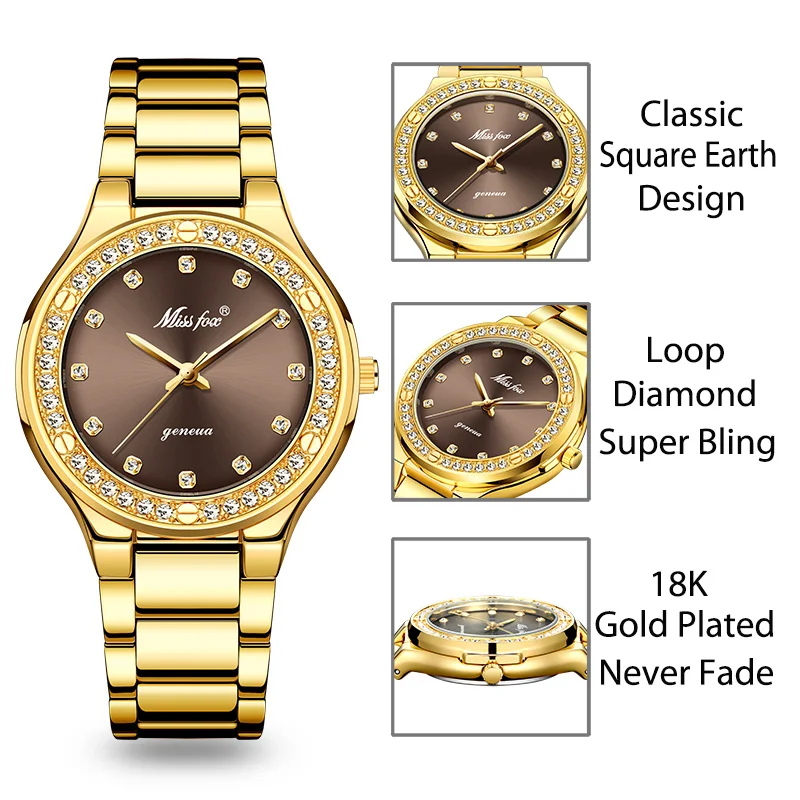 MISSFOX Elegant Woman Watch Luxury Brand Female Wristwatch Japan Movt 30M Waterproof Gold Expensive Analog Geneva Quartz Watch