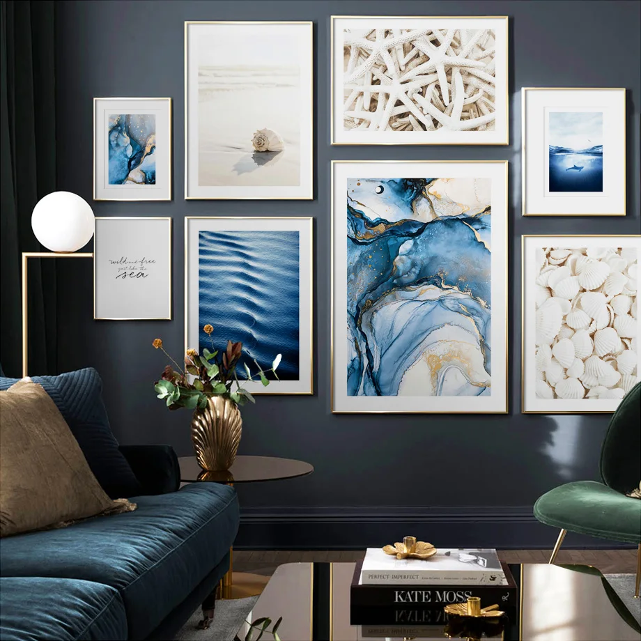 

Diving Couple Beach Seashell Dolphin Abstract Blue Wall Art Print Canvas Painting Nordic Poster Decor Picture For Living Room