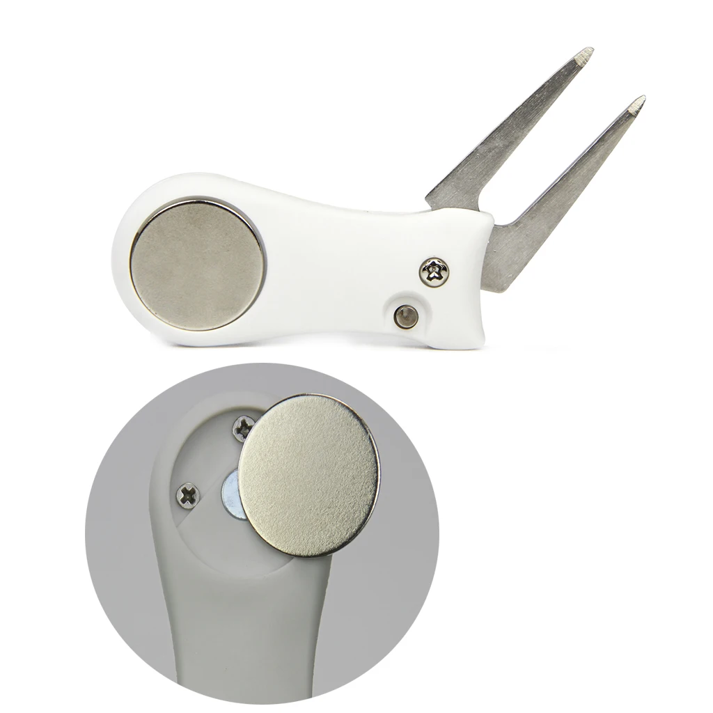 

Durable Golf Divot Repairing Fork Tool Prongs with Detachable Magnetic Ball Marker Pocket Size Fork For Golf Club Golfer White