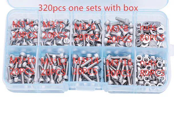 

320Pcs/set DIN912 M2 M2.5 M3 304 Stainless Steel Hexagon Socket Head Cap Screws Bicycle Hex Bolts Assortment Kit
