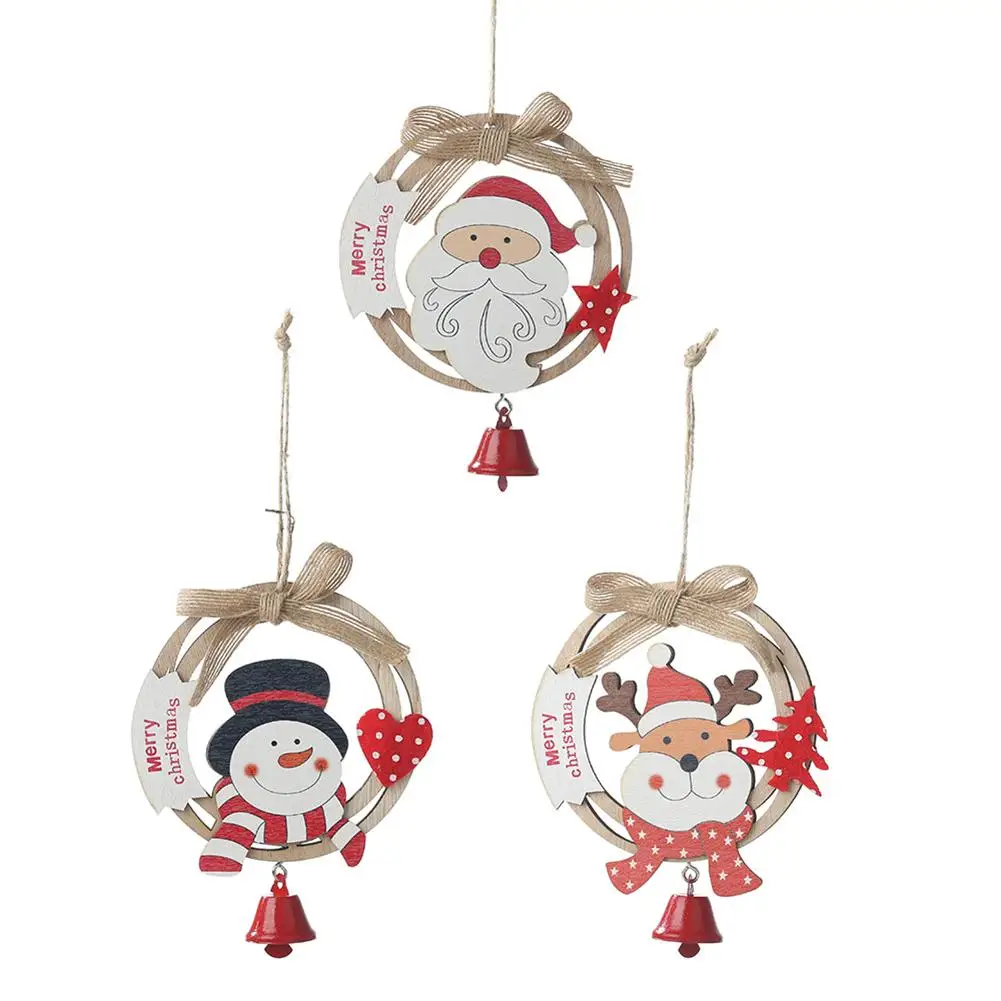 

2020 New Year Merry Christmas Wooden Christmas Elk Wreath Pendant Creative Bow Hanging Plate Charm With Ring Bell For Xmas Home