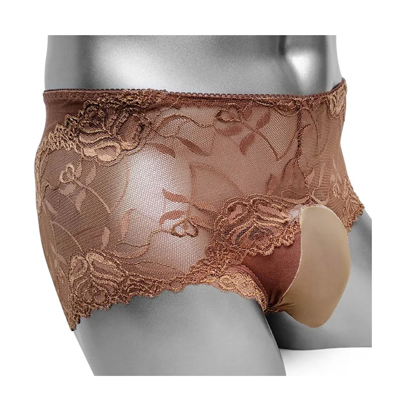 Sissy трусы боксеры с объемным мешочком цветочным кружевом мужские нижнее белье