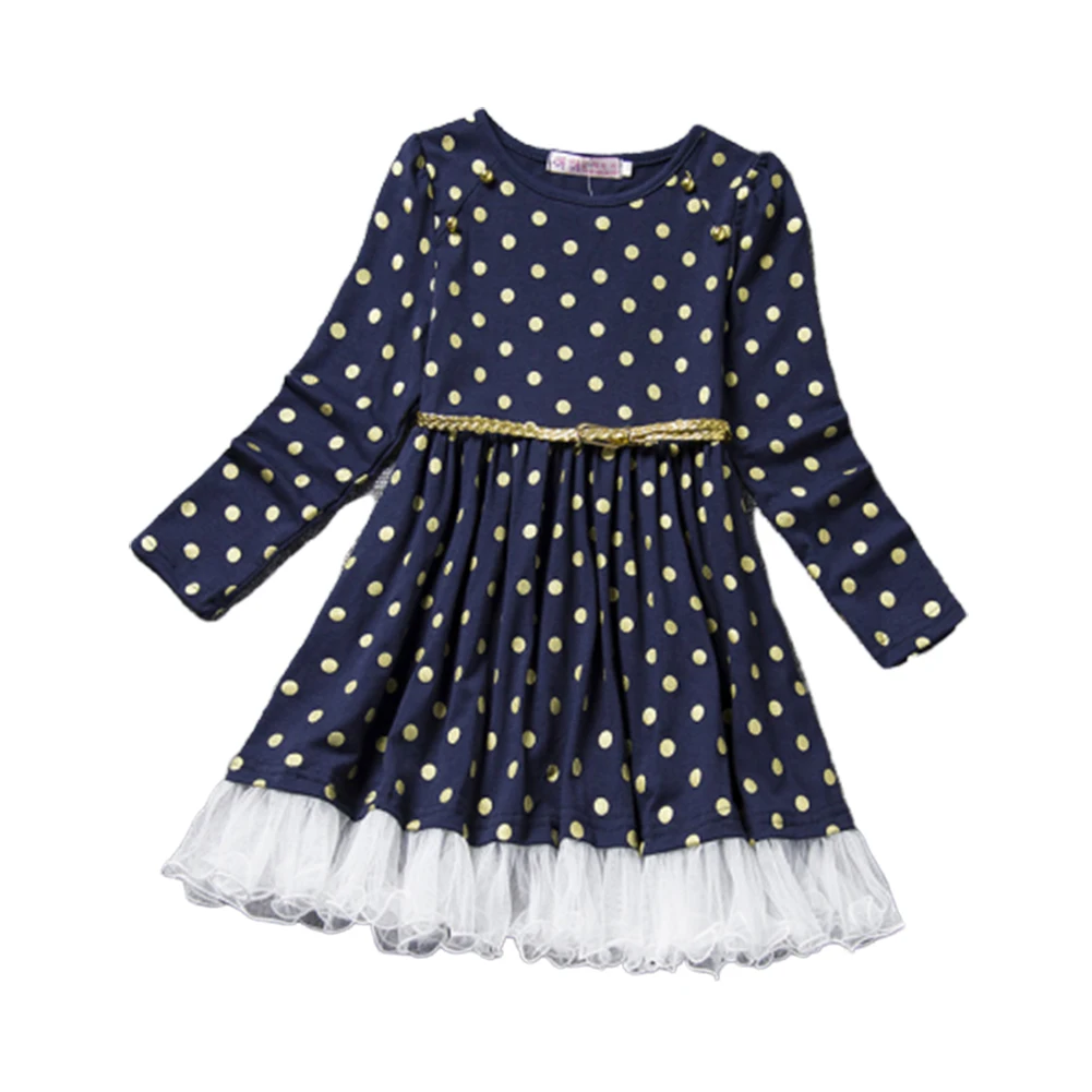 

Waistband Daily Kids Long Sleeve Fashion Princess Spring Dot Printed Soft Girl Dress Autumn Cute Elegant Lace Hem