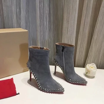 

Women Pointed willow studs stiletto heel sexy thin bottom pointed zipper boots genuine leather Ankle boots keep warm
