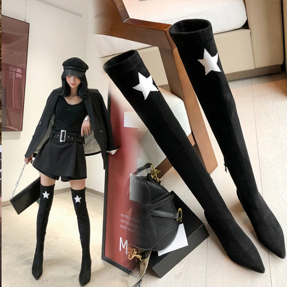 

BELLECOM 2019 winter new women's shoes pointed knee high boots high heels warm elastic Martin boots
