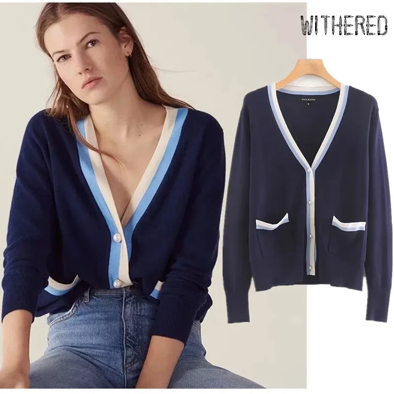 

Withered cardigans women england office lady style Color collision single breasted Pearl buttons knitted cardigans women tops