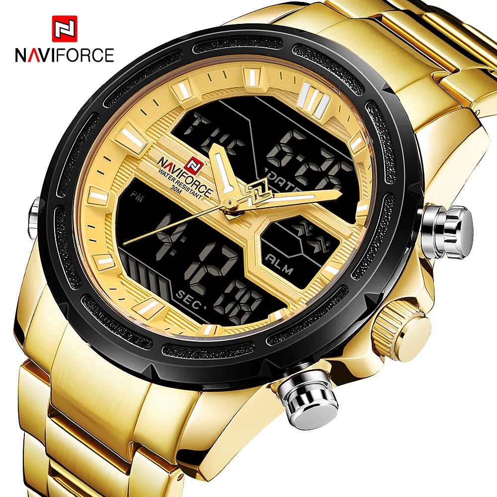 $23.22 Naviforce Top Luxury Brand Mens Digital Analog Military Golden Steel Watch Fashion Sport Waterproof