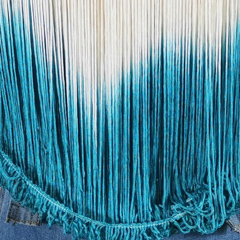 10 Yds Latin Fringe Tassel Dip Dye Ombre Soft Rayon Latin Macrame Dance Dress Trimming Samba Skirt Tassel White/Blue 25cm
