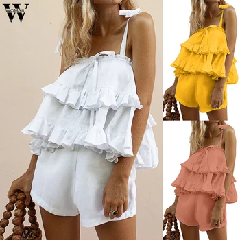 

Womail 2020 Two-piece Sexy Summer set Women 2 Piece Set pink White Tube Ruffled Camisole Top Shorts Set tracksuit holiday beach