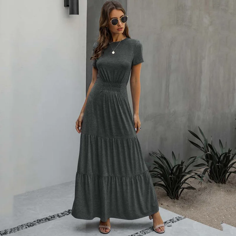 2021 Long Summer Party Dress Women Pleated Elegant Maxi Dress Sundress Women Floor Length Short Sleeve Casual Robe Femme