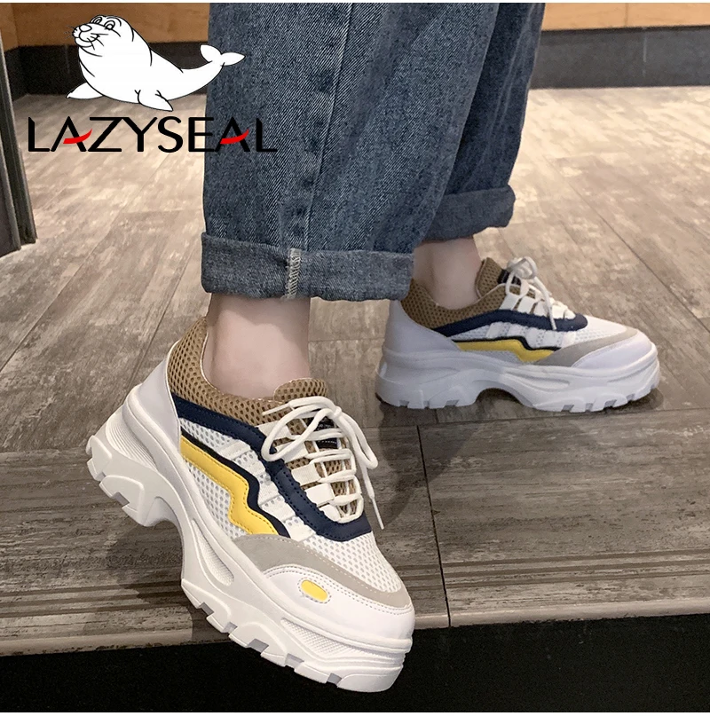 LazySeal/сетчатая обувь на платформе; женские кроссовки на шнуровке с круглым носком; ботильоны для женщин на толстой подошве; повседневная обувь на массивном каблуке