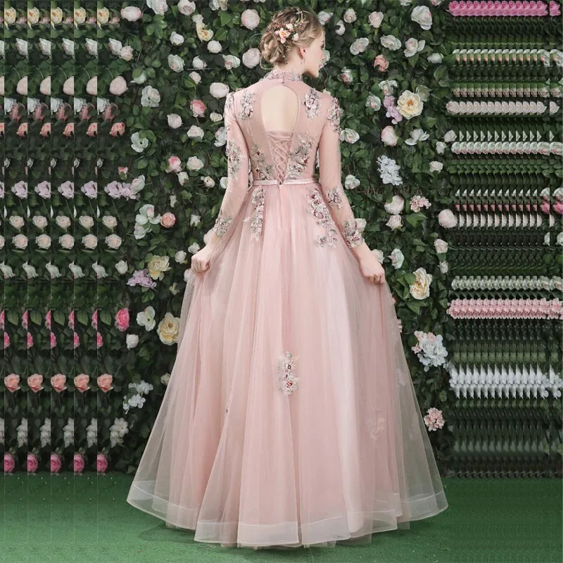 Vestidos largos fiesta розовое вечернее платье с длинными рукавами с цветочным принтом, доходящая до пола Тюль Вечерние платья вечерние платья для выпускного вечера