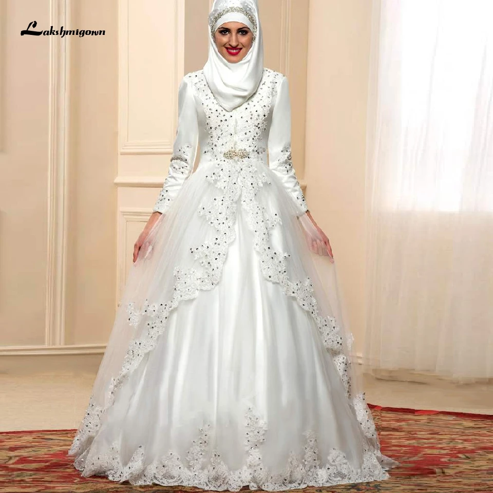 

Ivory Muslim SatinTulle Wedding Dress Long Sleeves Lace Appliques Indian Dubai Wedding Gowns 2020 Robe de Mariee Bridal Dresses