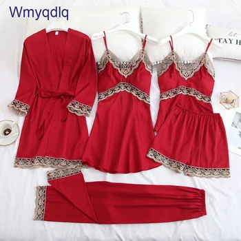 

Wmyqdlq Summer Women's Five-Piece Sexy Ice Silk Sleepwear Belt Chest Pad Home Wear Gather Hanging Skirt Nightgown Ladies Pyjamas
