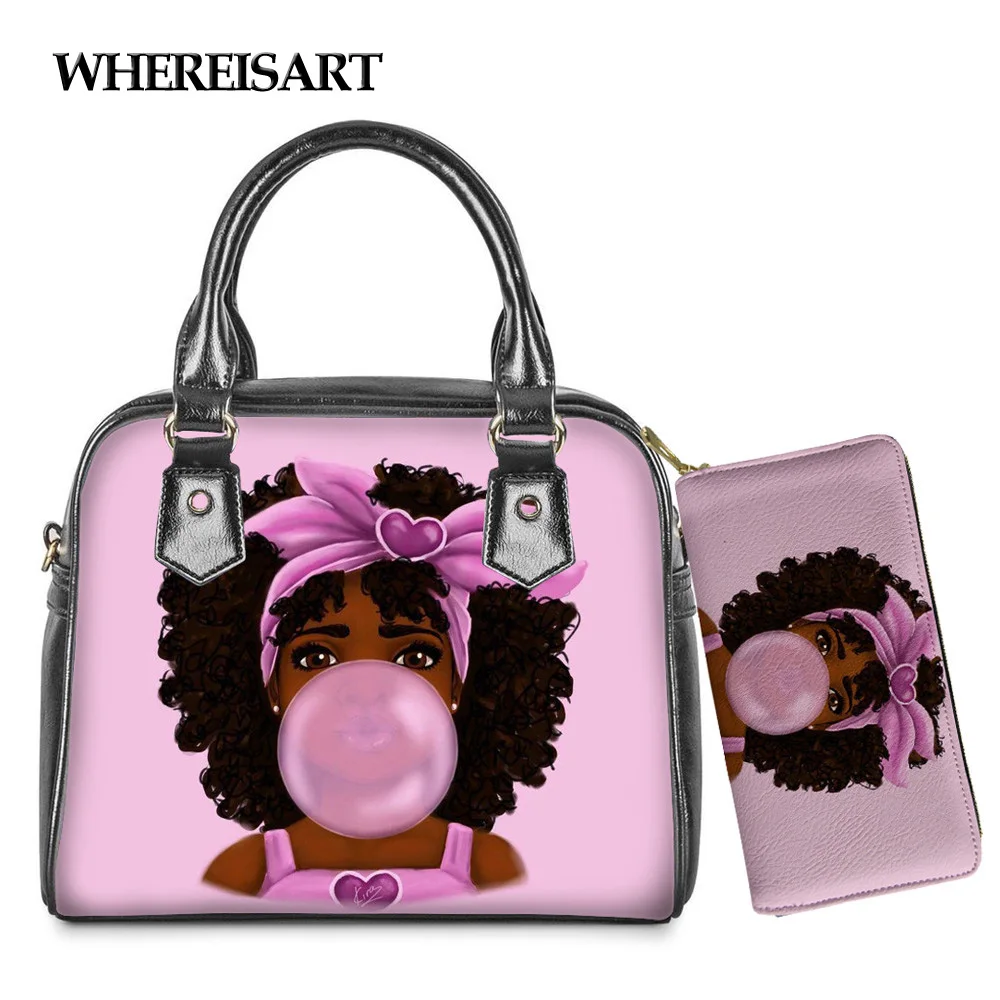 

WHEREISART Magic African Girls Print Top-Handle Bag Women Handbag Shoulder Bag Leather Casual Storage Bag With Purse for Girl