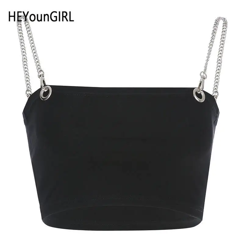 Heyoungirl Harajuku Black Chain Cami Tops Tees Basic Sleeveless Strappy Bustier Summer Top Punk Streetwear Spaghetti Strap Top - Цвет: Black