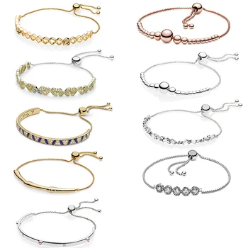 

2020 NEW 100% 925 Sterling Silver Shine Stones And Stripes Sliding Bangle Bracelet Fit DIY Women Original Fashion Jewelry Gift