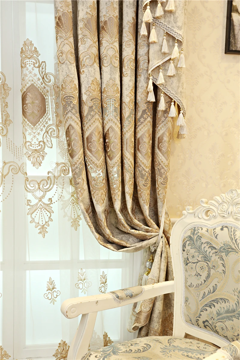 European and American luxury high quality elegant beige chenille embroidered blackout curtains for living room windows bedroom