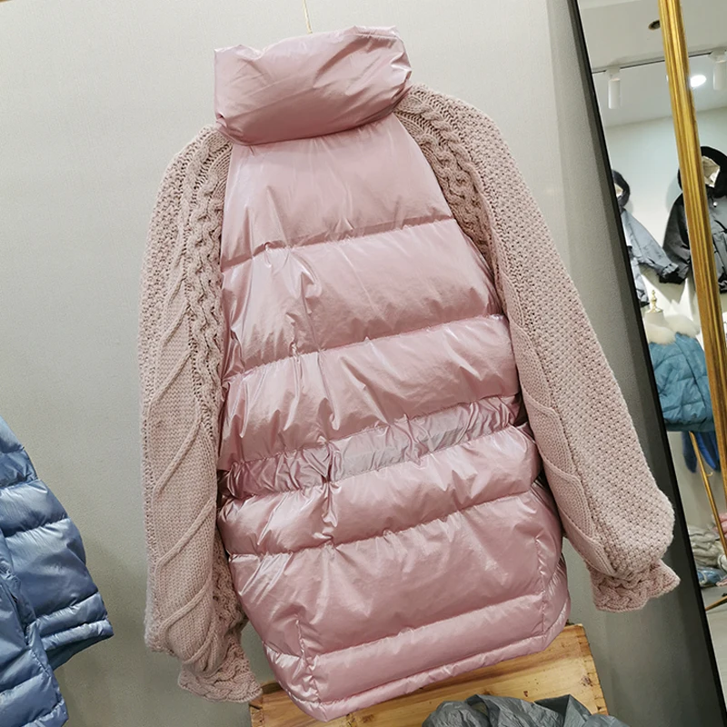 Koop Winterjas Vrouwen 2019 Vrouwelijke vrouwen Winter Witte Eendendons Jas Jas Mouw Wollen Korte Vrouwelijke Dikke Warme Losse down Parka