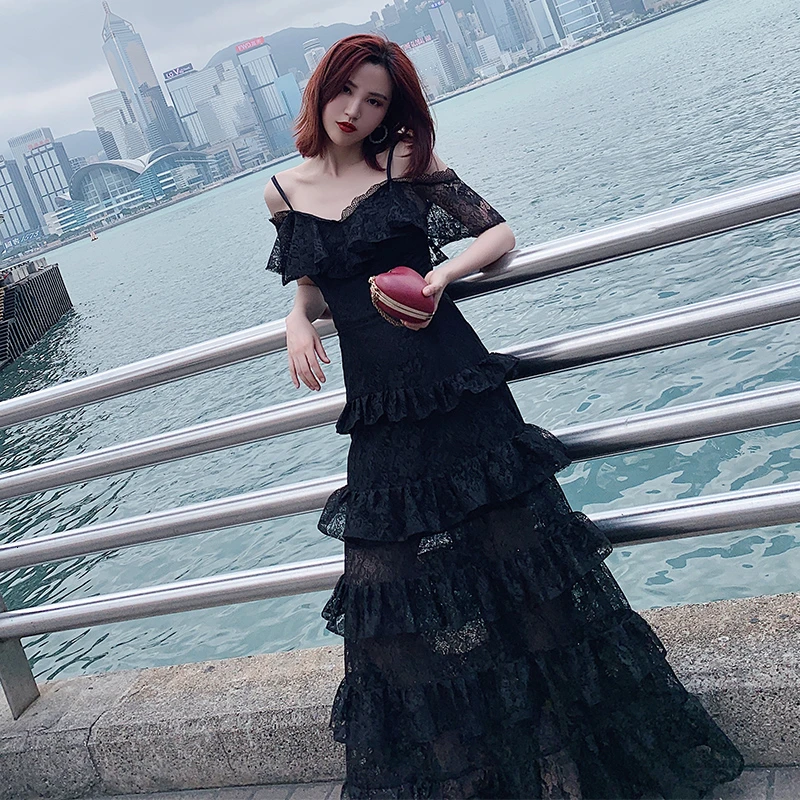BGW Vestido Longo Festa Noite черное кружевное Многоуровневое вечернее платье сексуальное V образным вырезом с короткими рукавами Спагетти ремень молния сзади