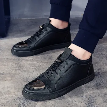 

Leather Sneakers Winter Warm Mens Velvet Loafers Men Sepatu Pria Casual Shoe Laces Up Fall Outdoor All Black Sneakers Men 2020