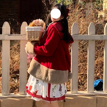 

Japanese soft girl sweet lovely woolen magic hat short Lolita red coat women's winter woolen coat