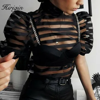 

Women Turtleneck Mesh See Through Tops Back Bowtie Striped Shirt Blouse Sexy Classy Party Clubwear Sexy Chic Streetwear Shirts